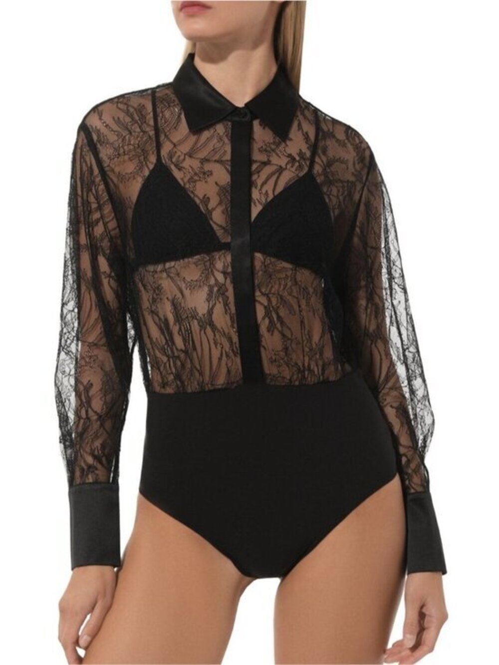 Livy Sheer Black Lace Button-Front Bodysuit size S